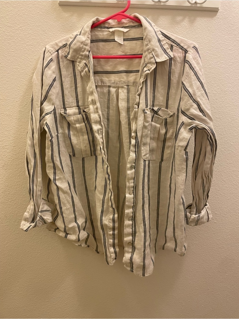 H&M Cream Linen Button-Down Shirt with Black Stripes